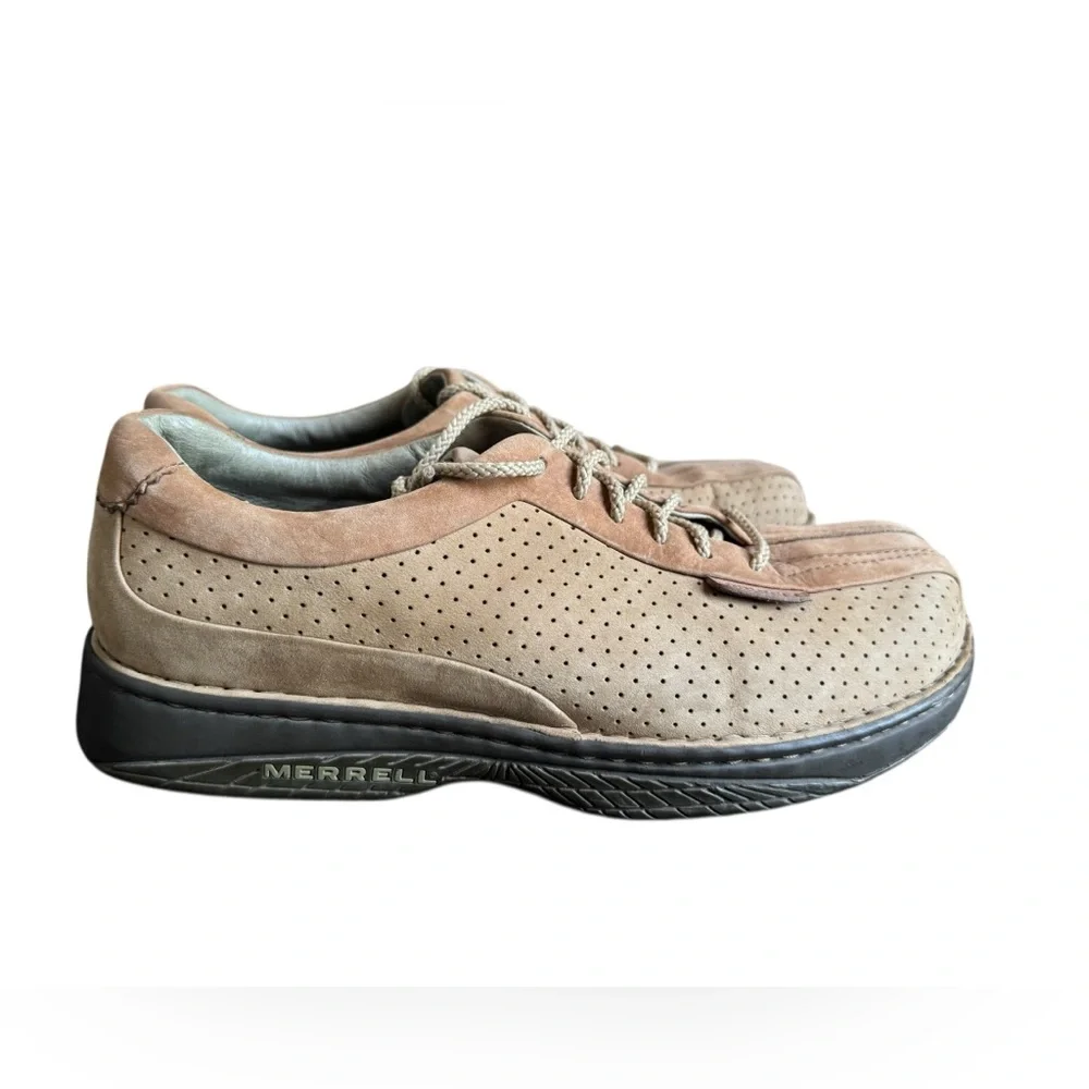 Merrell World Myth Taupe Leather Lace Up Square Toe Perforated Men's Shoes 10